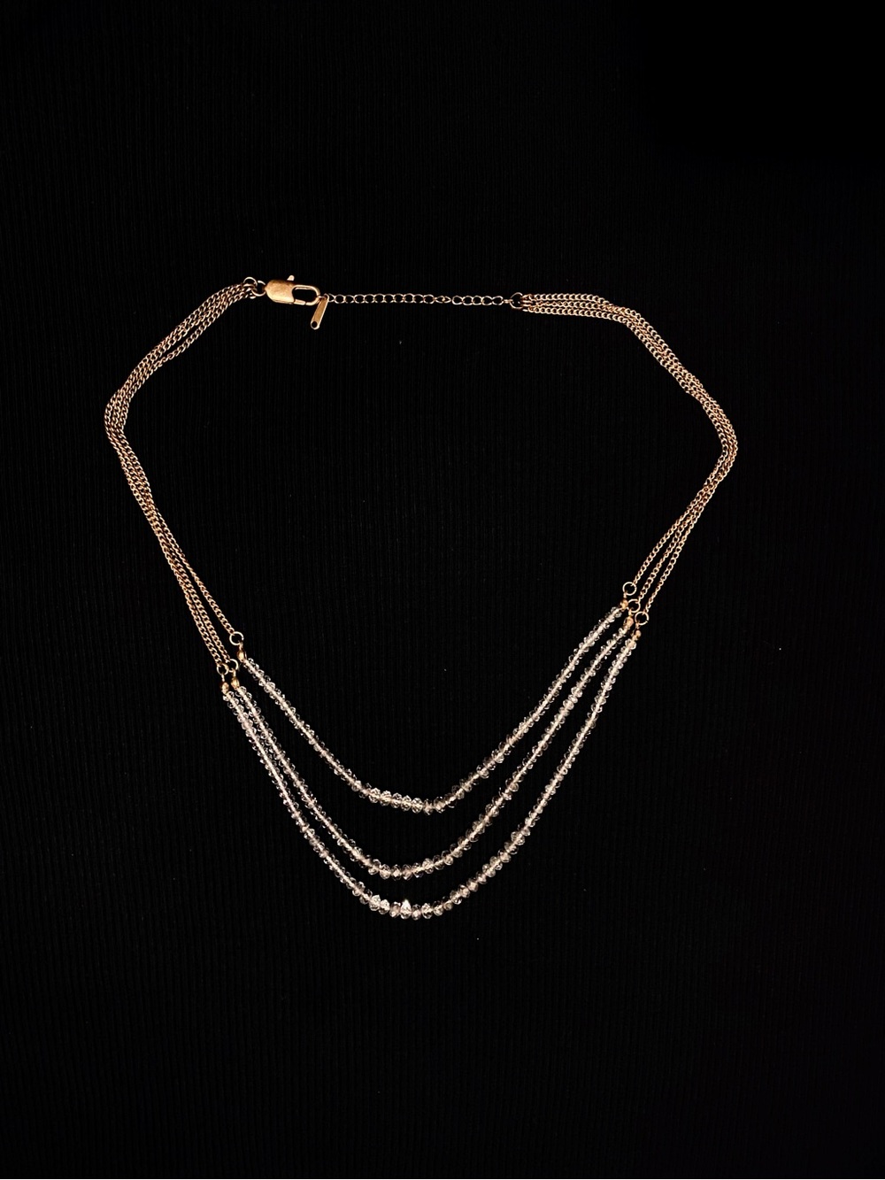 Gold-Tone Triple Curb Chain Layered Necklace + Clear Crystal Faceted Beads